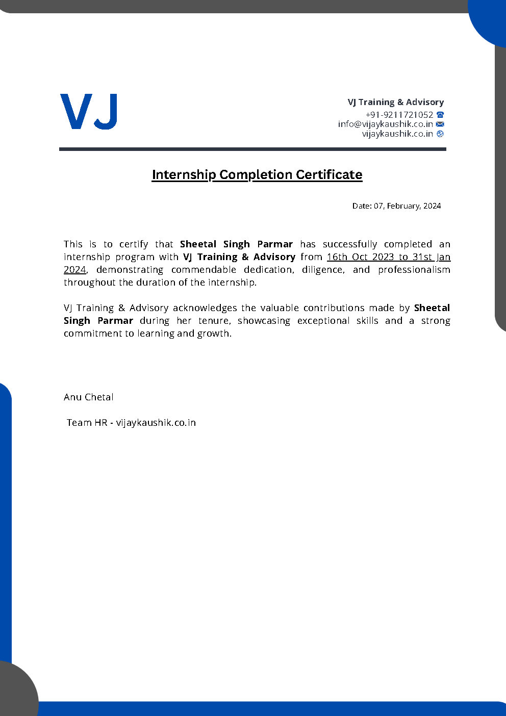 VJTA Internship Certificate